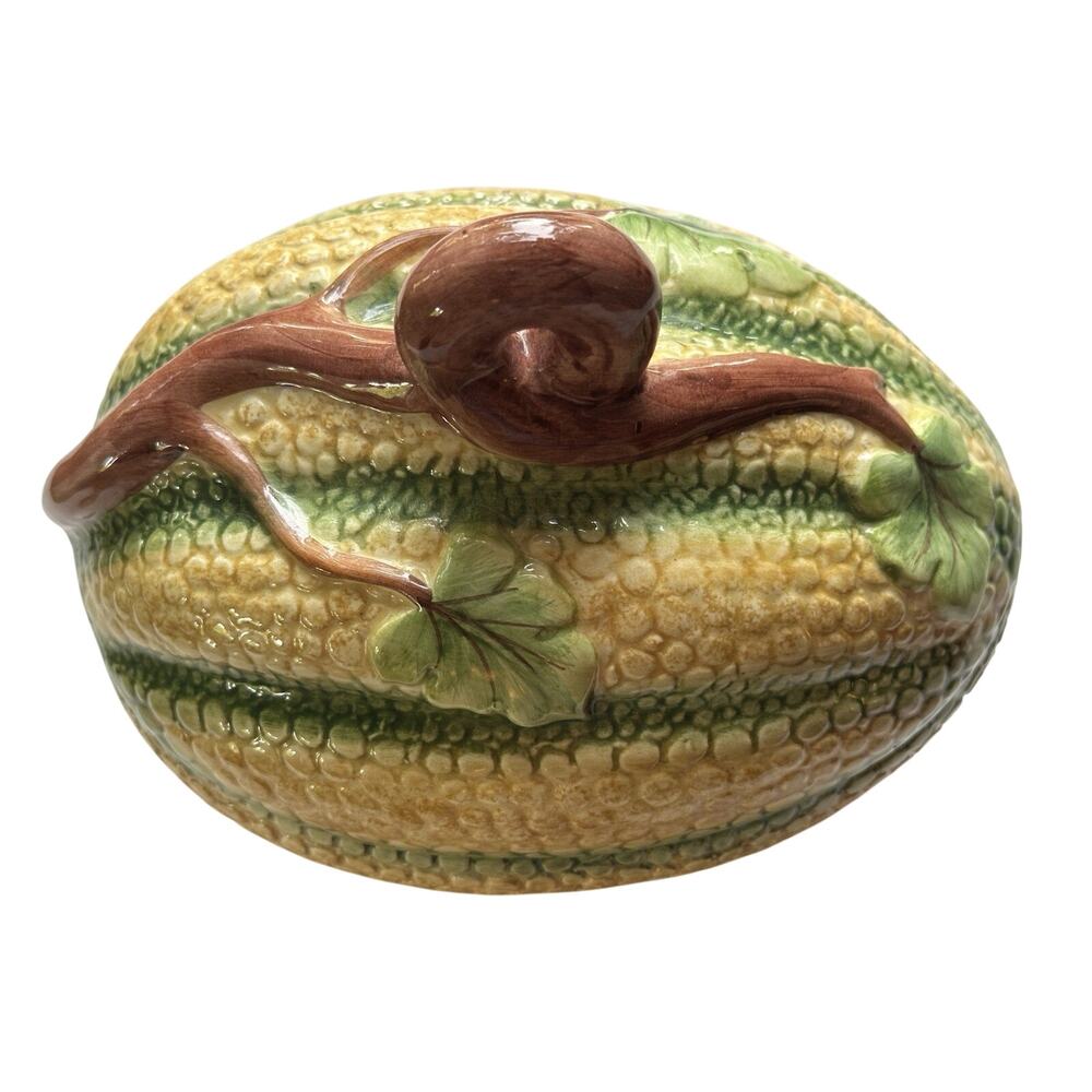 MOTTAHEDEH Italy Majolica Covered Ceramic Melon Squash Terrine Dish 6” X 5”